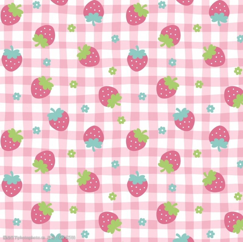 方格田园风草莓格子布料印花