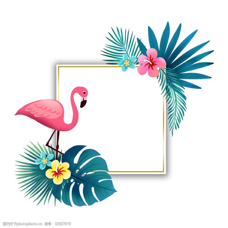 粉色火烈鸟夏季火烈鸟和植物边框