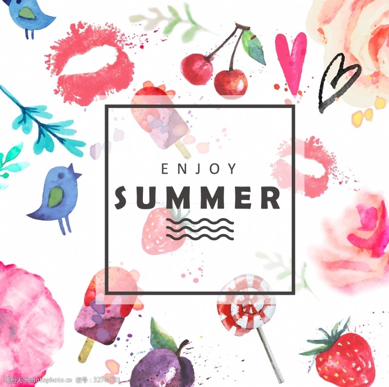 樱桃背景夏天元素水彩水果手绘海报设计