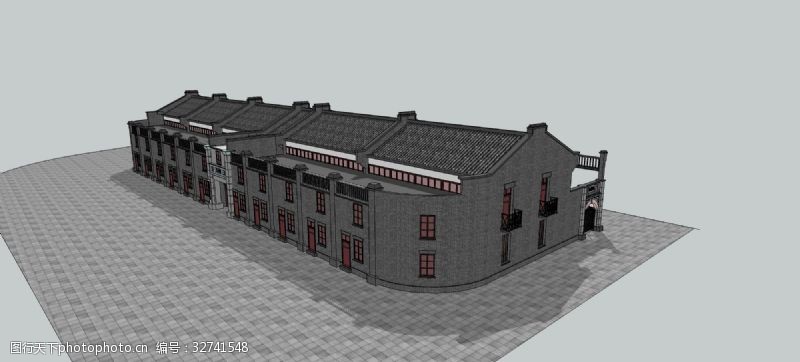 文化墙造型中式商业街建筑老上海风格SU模型
