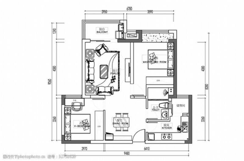 小户型装修高层小两居户型CAD平面图