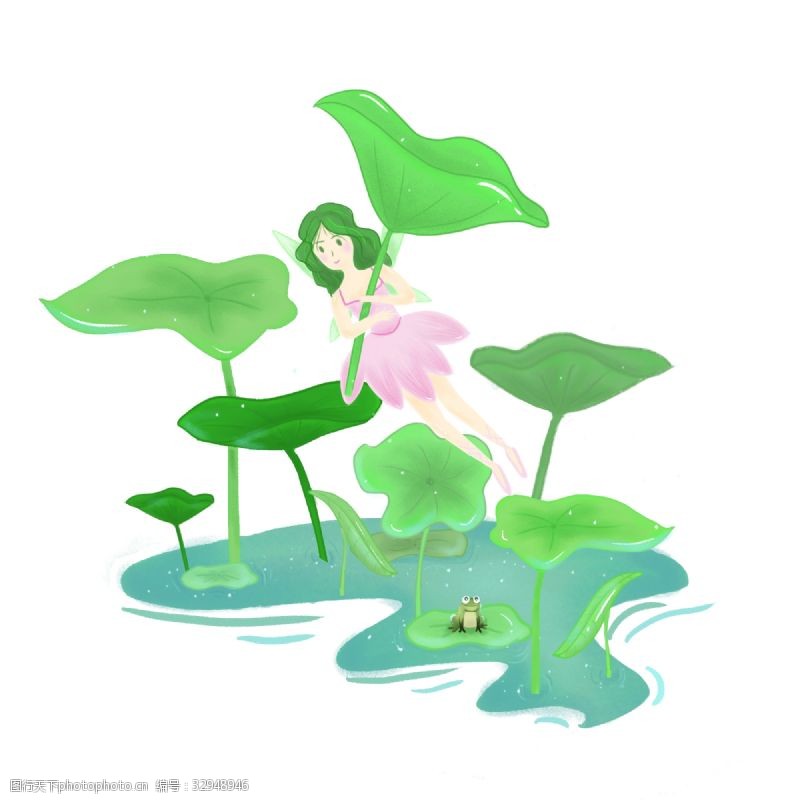 绿色青蛙夏天举荷花伞的仙子