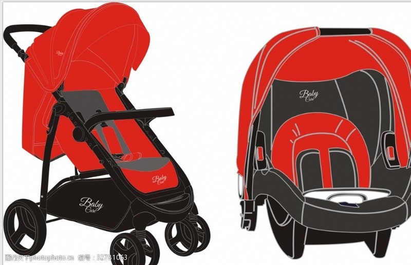 婴儿车线条图婴儿车安全座椅矢量图