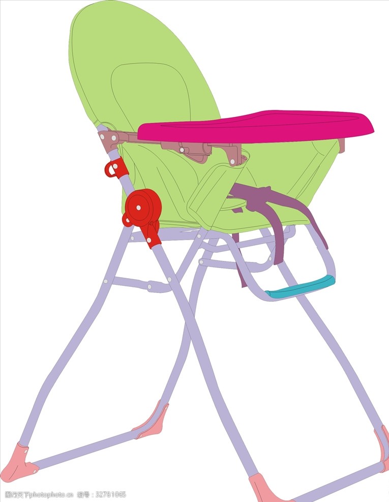 婴儿车线条图餐椅矢量配色图