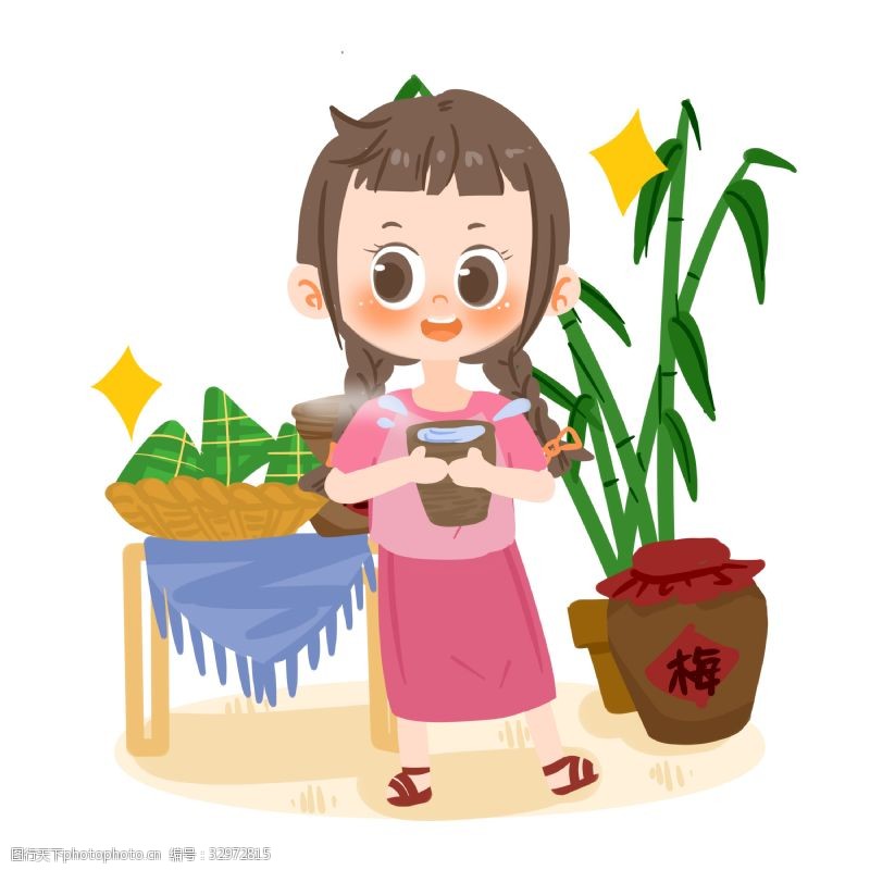 卡通粽子端午节卡通女孩喝梅子酒PNG素材