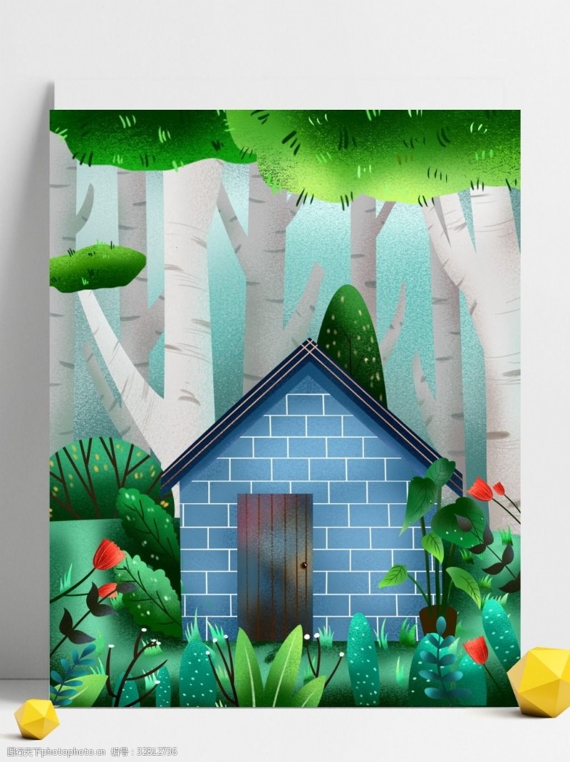 通用背景清新夏季树林中的小屋背景设计