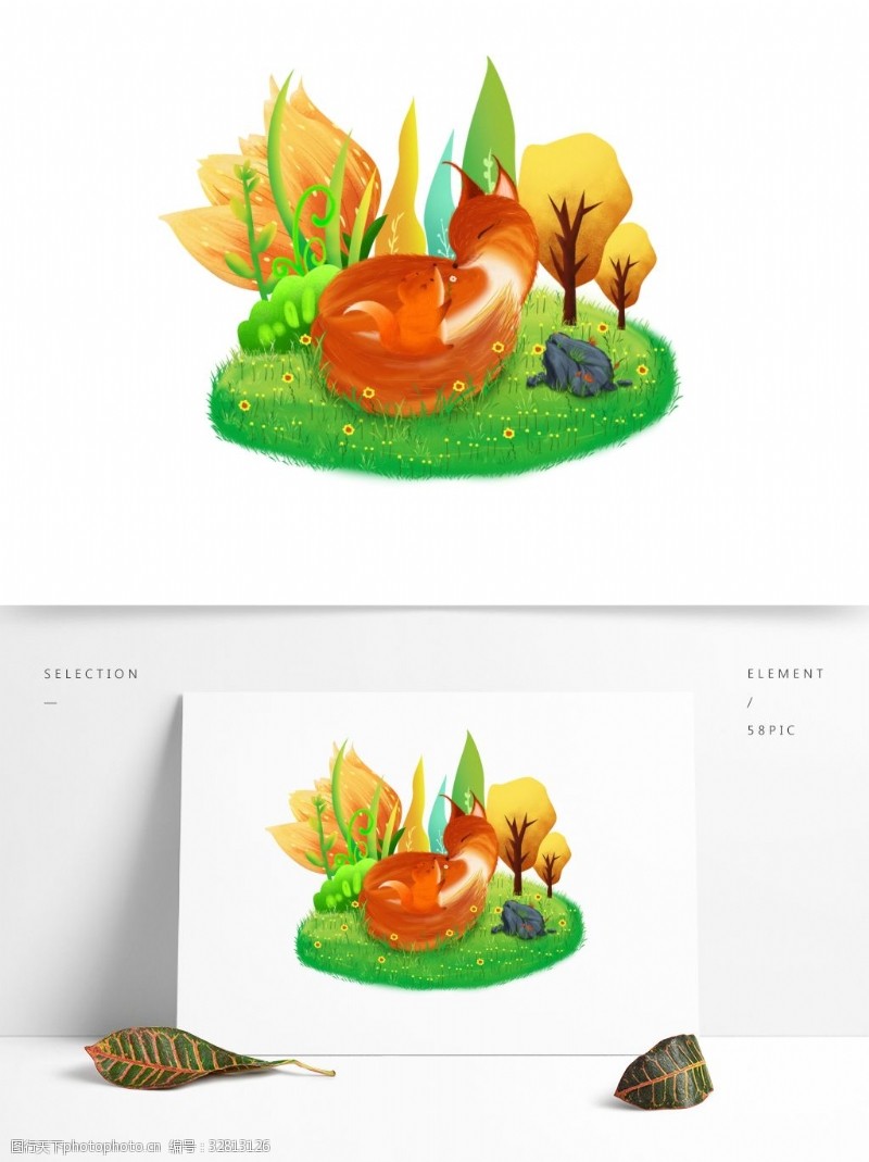 动物亲子狐狸手绘插画母子元素设计背景图片