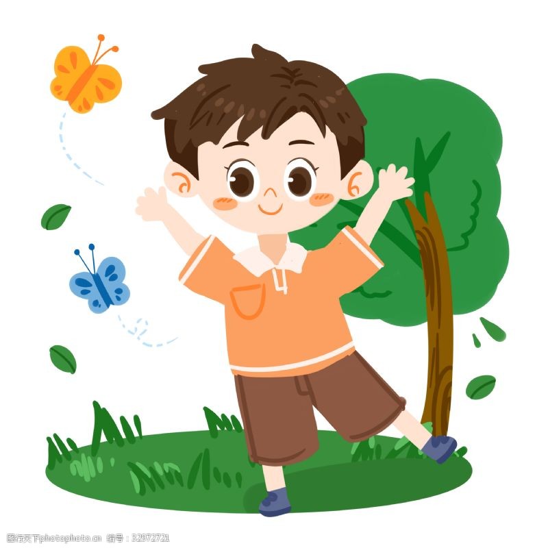 儿童节卡通男孩与蝴蝶玩耍PNG素材