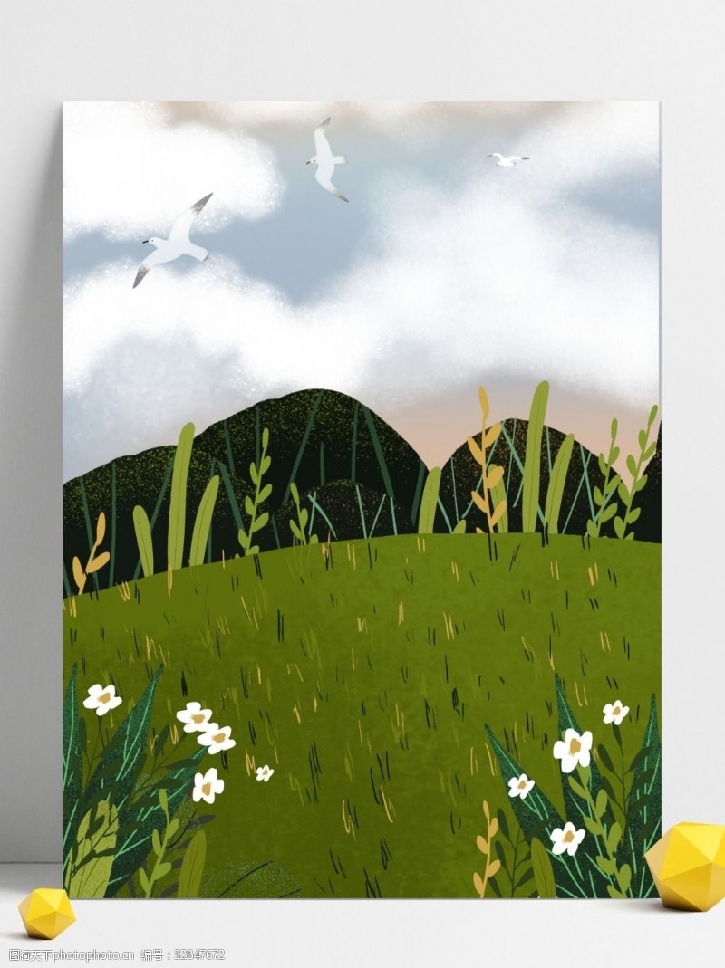 花草绿色背景手绘夏季户外草地背景设计