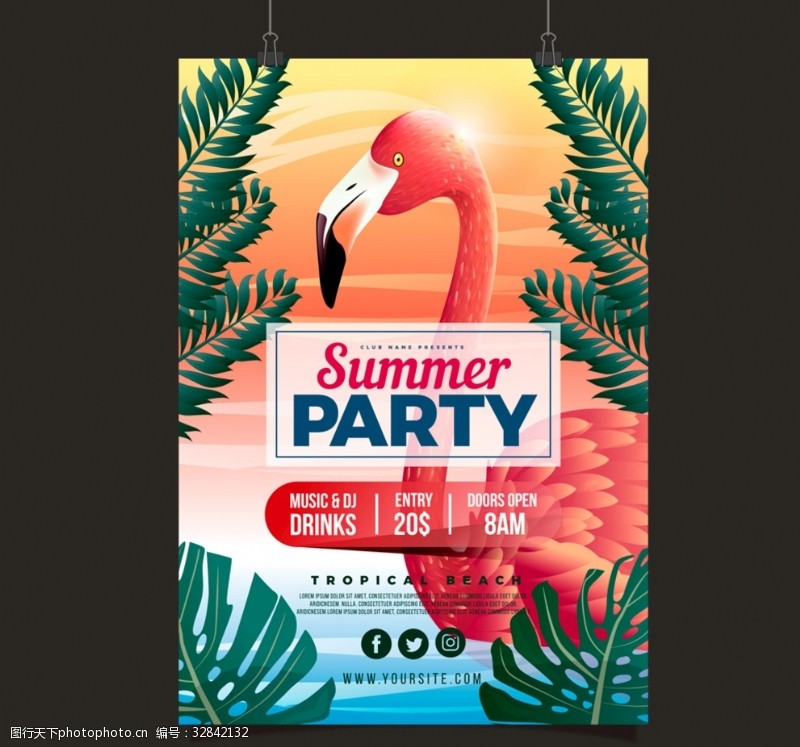 棕榈叶火烈鸟夏季派对传单矢量素材