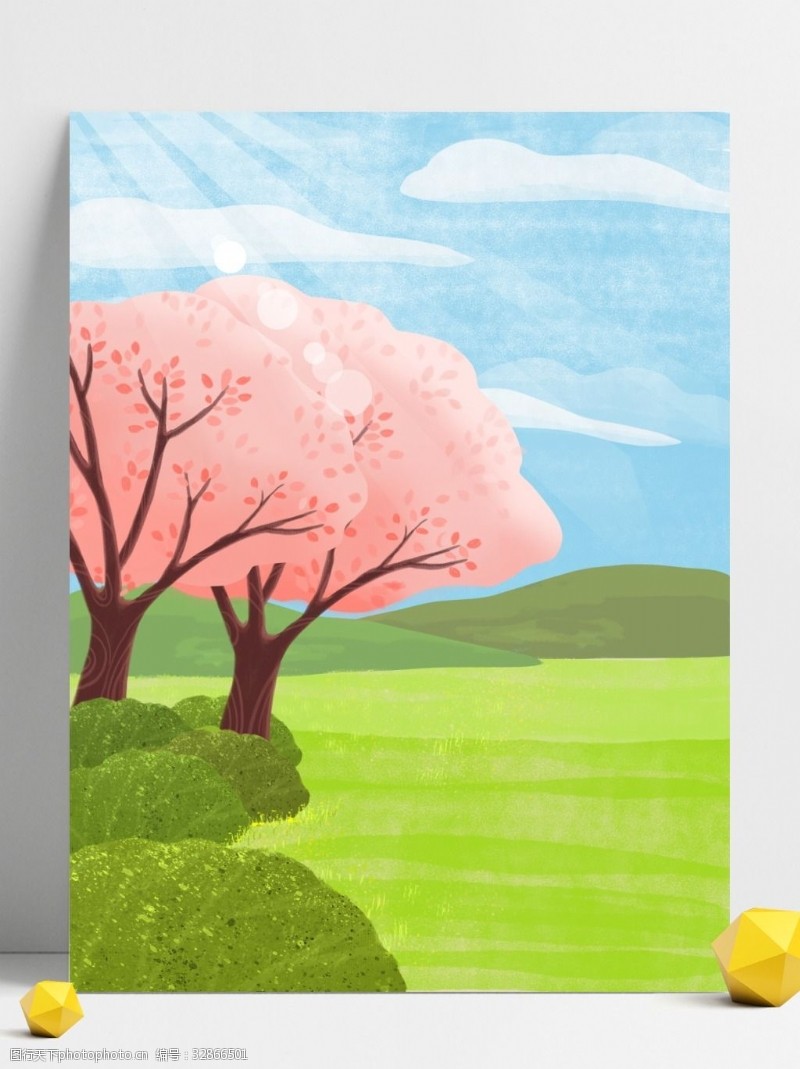 唯美手绘绿色春天樱花树插画背景