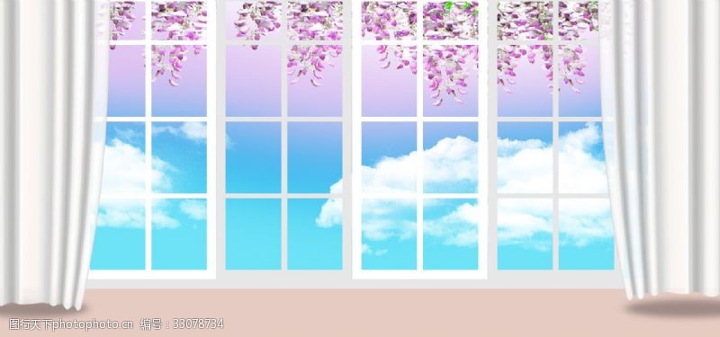 窗台落地窗窗户大气窗紫藤花蓝天白云背景