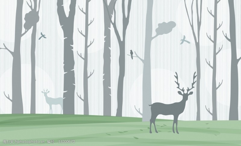 花草绿色背景北欧麋鹿森林壁画背景