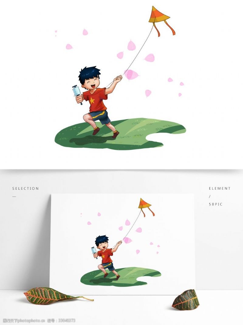 小男孩放风筝手绘儿童节可爱男孩放风筝