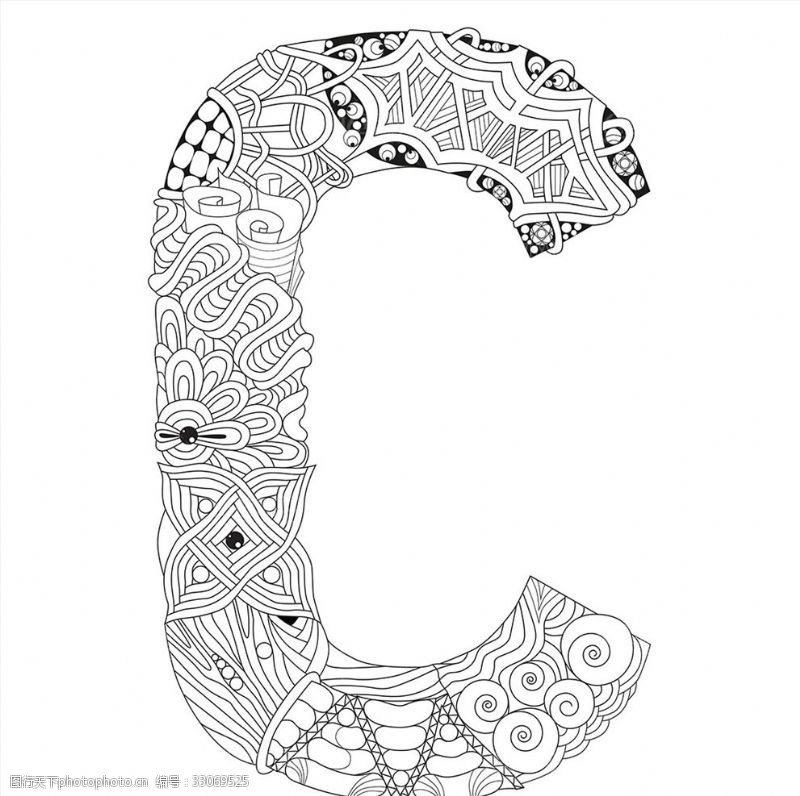 手绘素描字母抽象创意花纹字母C