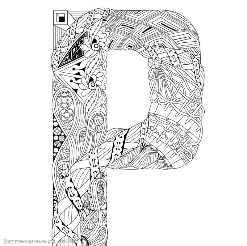 手绘素描字母抽象创意花纹字母P