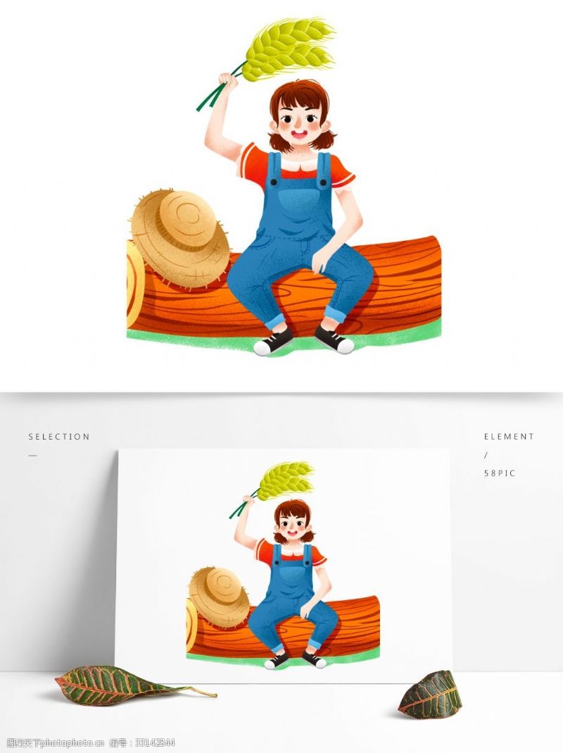 草帽女孩坐在木墩上拿着麦穗的女孩