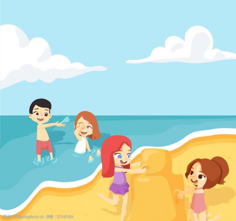 孩子的沙滩卡通海边玩耍的四个孩子矢量素材