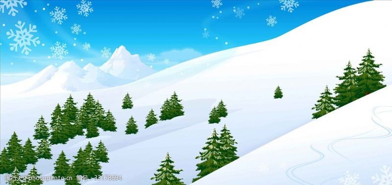 卡通景观树木雪山背景