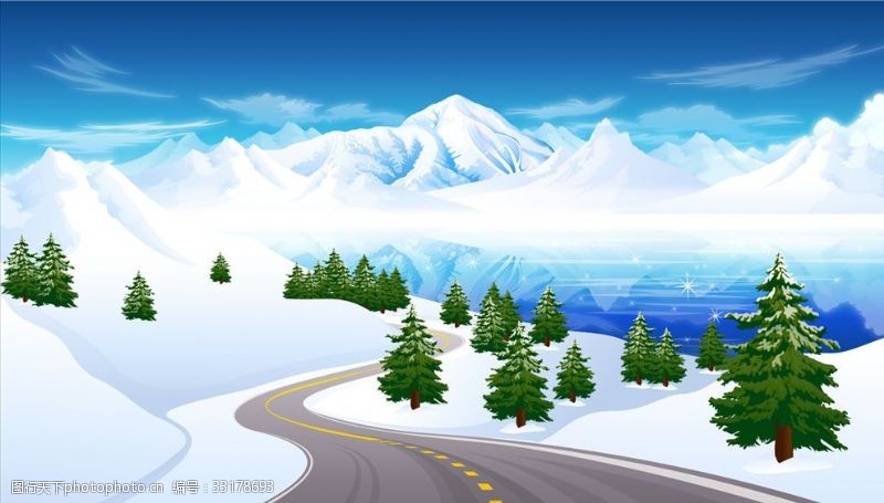 卡通景观树木雪山公路背景
