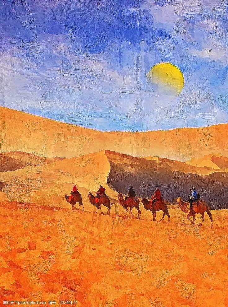 治愈系金色沙漠骆驼风景油画