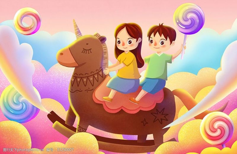 骑马插画儿童素材手绘插画背景图片psd