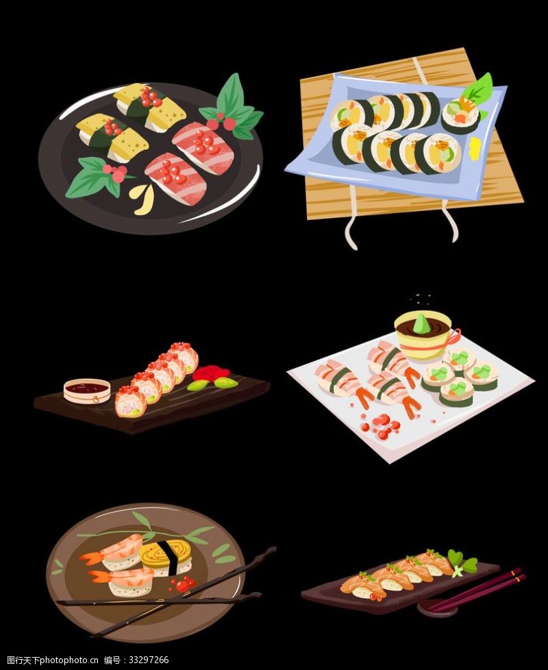 治愈系特色日式料理寿司刺身手绘插画
