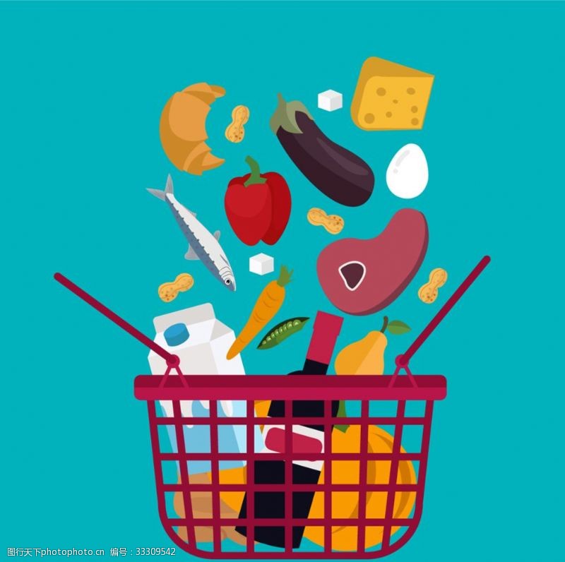 方格子创意图创意落满食物的购物篮矢量素材