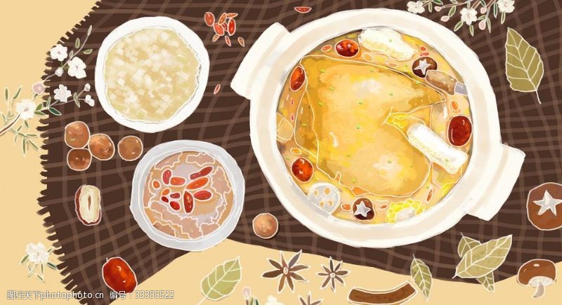 治愈系冬季美食小鸡炖蘑菇手绘