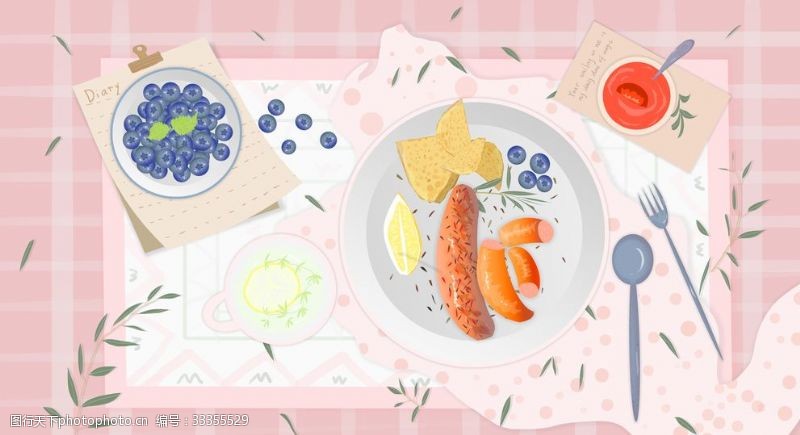 细腻写实美食火腿肠蓝莓早餐插画