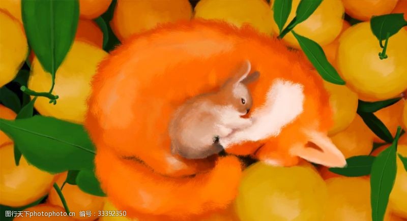 橘黄色树叶唯美狐狸插画