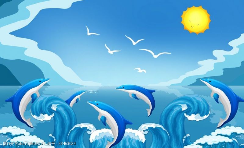 儿童房墙画卡通蓝色天空海豚儿童房背景墙