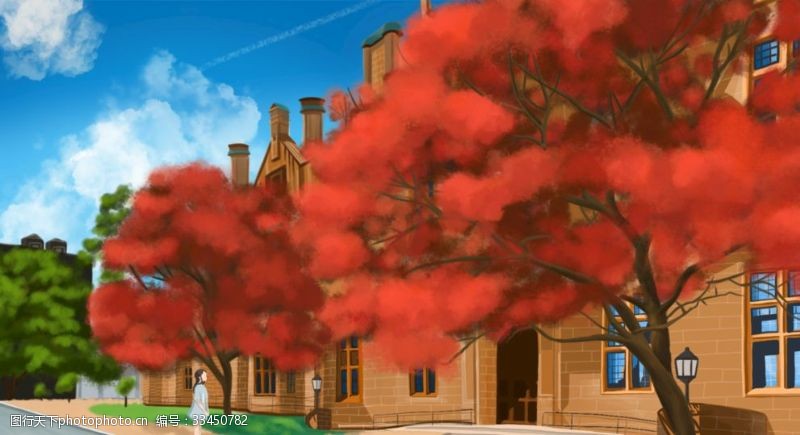 红色教学楼校园风景插画