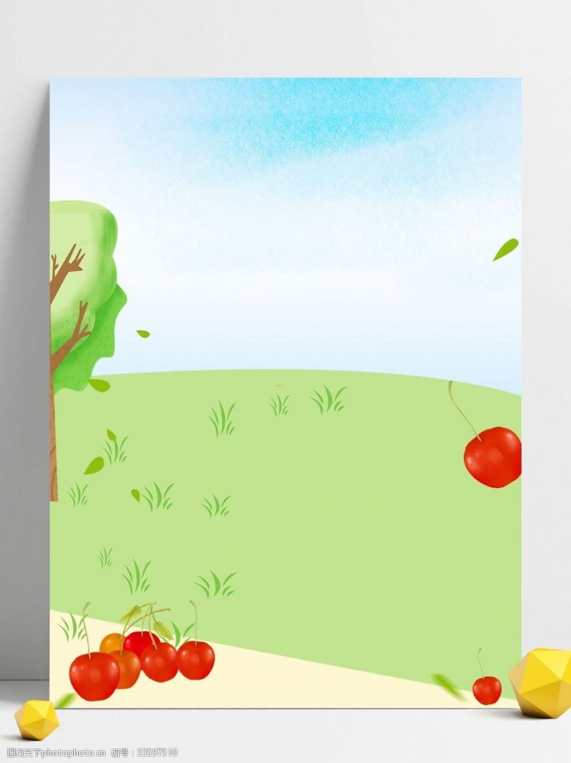 绿色樱桃水果手绘插画背景